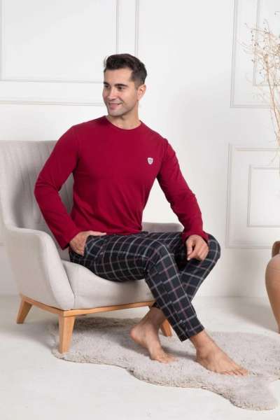 Bordo Ekoseli Erkek Büyük Beden Pijama Takımı