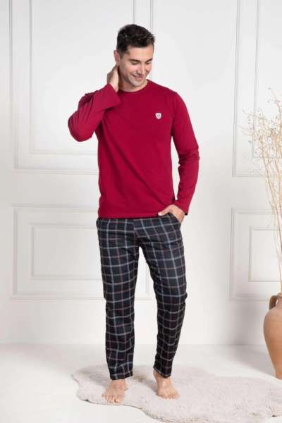 Bordo Ekoseli Erkek Büyük Beden Pijama Takımı